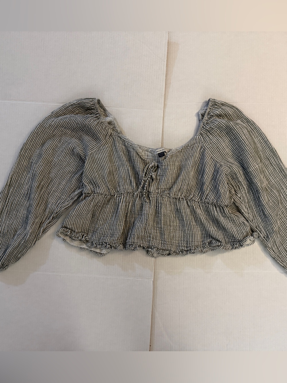 Striped Puff Sleeve Peasant Top — Green & White